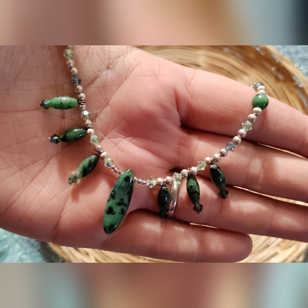 ❌ not for sale Kept  Zoisite green & black stone, silver crystal necklace, leaf